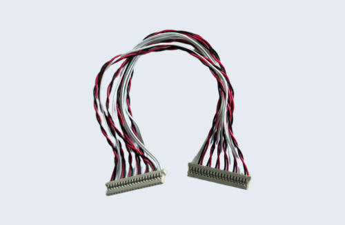 A cable assembly featuring multiple twisted pairs of red, black, white, and gray wires.