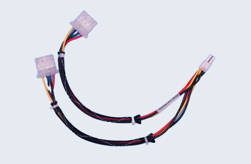 A black braided computer power cable splitter assembly.